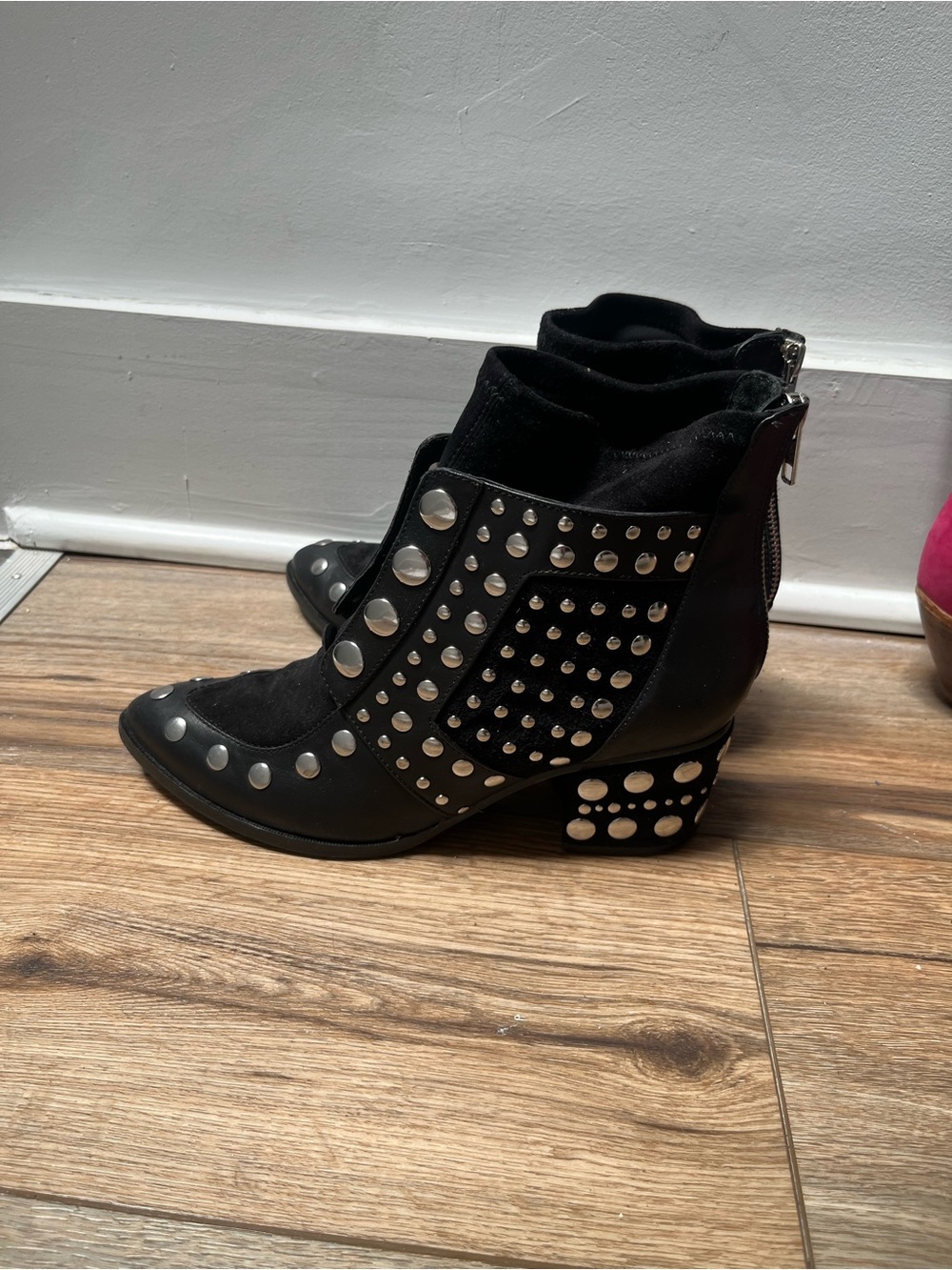 Cecilia Silver Studded Black Ankle Boots with Block Heel